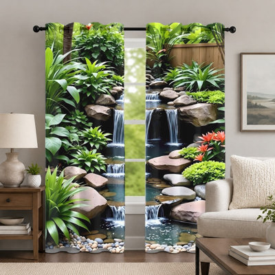 2Pcs Garden Waterfall Curtains, Natural Scenery Theme Curtain, Peaceful Landscape Stream Rock Plant Printed Art Grommet Drapes, Window Treatment for Bedroom Living Room Decor