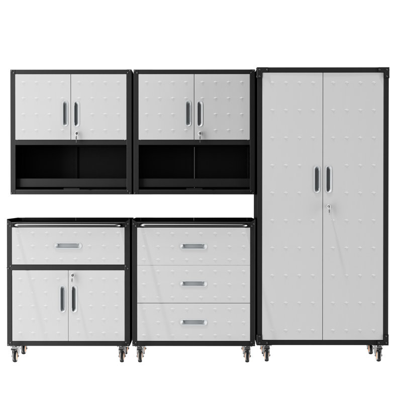 Ensemble de rangement pour garage 5 pièces : armoires métalliques à roulettes, 2 armoires murales, 2 armoires à roulettes, 1 armoire à panneaux perforés et 1 coffre à outils verrouillable.