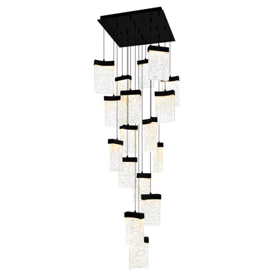 Integrated LED 24" Black Modern Chandelier with Handmade Textured Glass for Dining Room Foyer Bedroom Living Room
