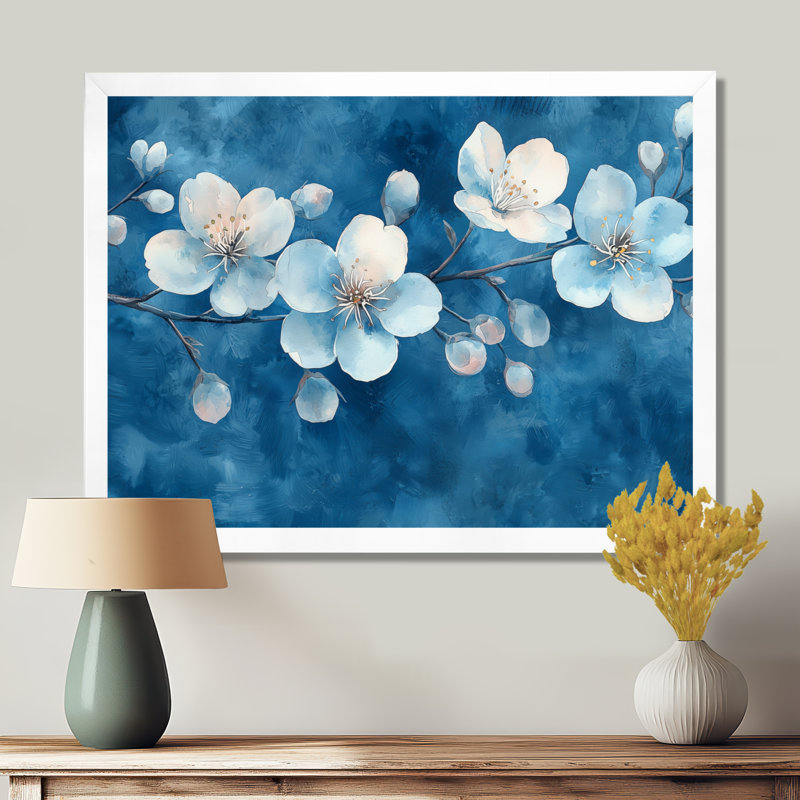 Cerisier en fleurs dans des teintes bleues aquarelle - art mural cerisier en fleurs, H 30 po x l 40 po, Cadre simple, Blanc