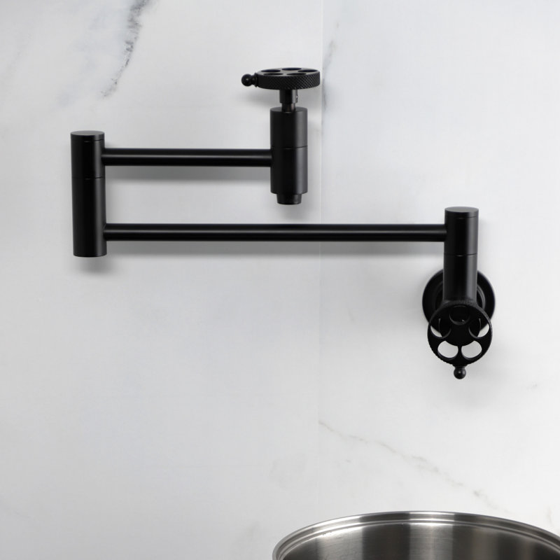 Kingston Brass Webb Two-Handle 1-Hole Wall Mount Pot Filler Faucet with Knurled Handle, Matte Black