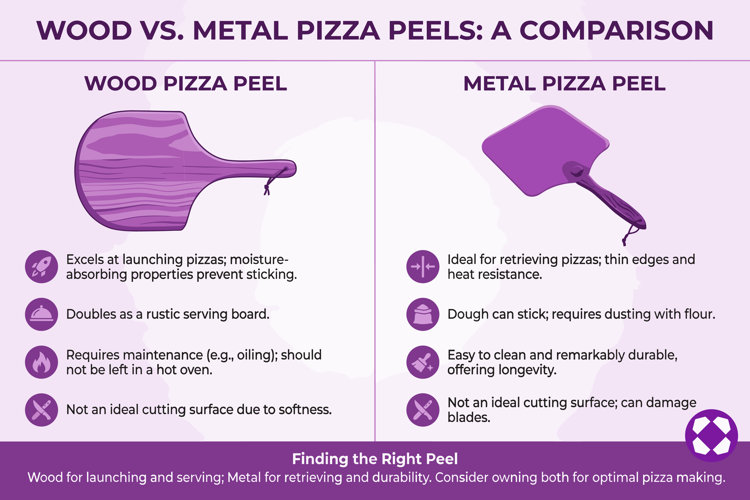 infographic comparing wood vs. metal pizza peels pros and cons, including their best use cases, maintenance required, and durability
