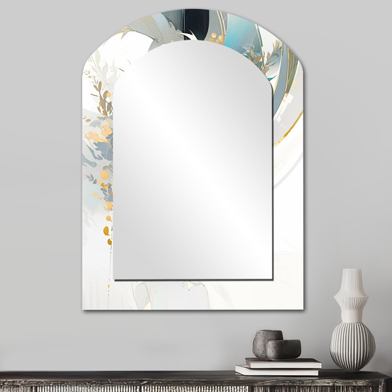 Turquoise and Gold Mosaic Echoes II - Cubism Arch Mirror, Turquoise Asymmetrical Unique Wall Mirror, Printed Metal Art