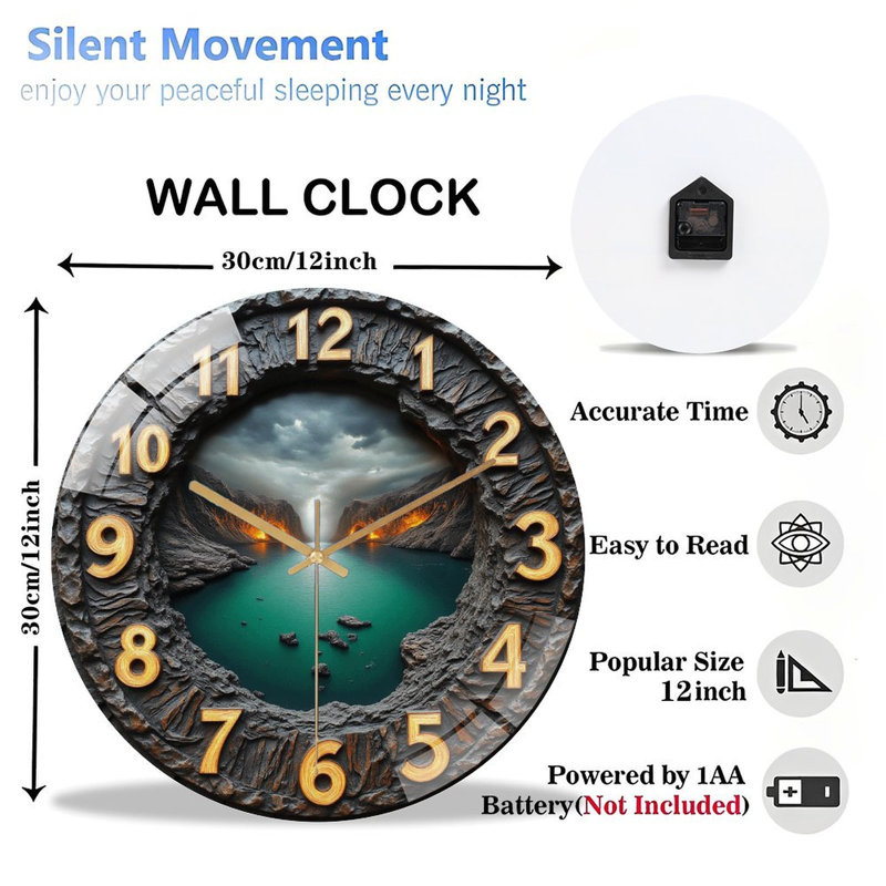 Horloge murale paysage de lac volcanique - horloge murale moderne en verre 12 po