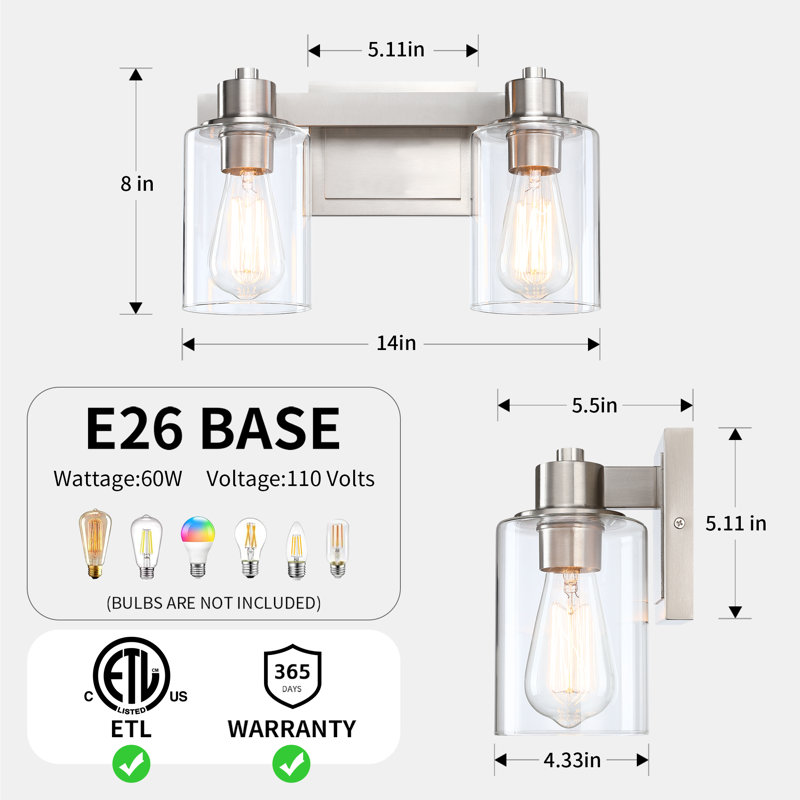 14'' 2-Light Nickel Bathroom Vanity Light with Glass Shade, Brushed Nickel, 2 Lights