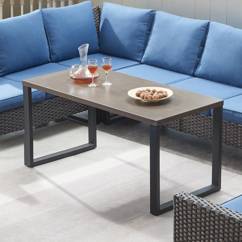 Nazime 52" Wide Rust-Resistant Powder-Coated Steel Outdoor Coffee Table with Wood-Grain Tabletop & Adjustable Leveling Legs