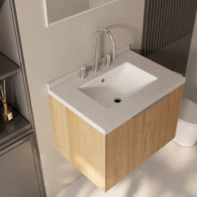Meuble-lavabo flottant 30 po avec lavabo, porte à fermeture douce, comptoir et dosseret en marbre de granite blanc de 2 po, contreplaqué, brun