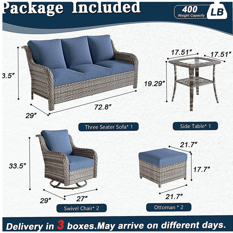 JB A three-seater sofa + two swivel chairs + two footstools + a side table