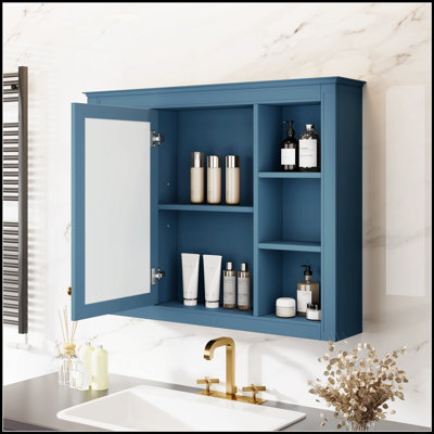 Meuble de salle de bain mural moderne avec miroir et 6 étagères ouvertes, idéal pour un rangement élégant et une optimisation de l'espace.