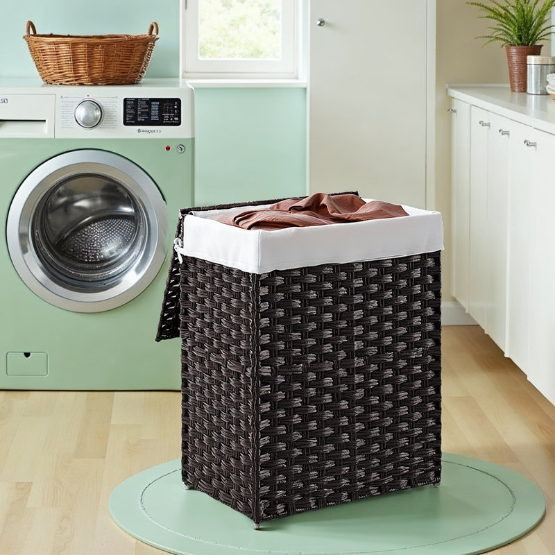 Laundry Hamper With Lid, 23.8 Gallon (90L) Synthetic Rattan Clothes Laundry Basket With Lid And Handles, Foldable, Removable Liner