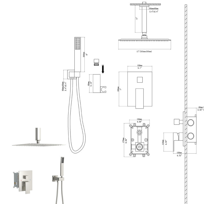 Ceiling Mount Dual Shower - 12 Inch Brushed Nickel With Rainfall And Handheld Head, G1/2 14 Inlet For Compatibility Square Handheld, Adjustable Spray