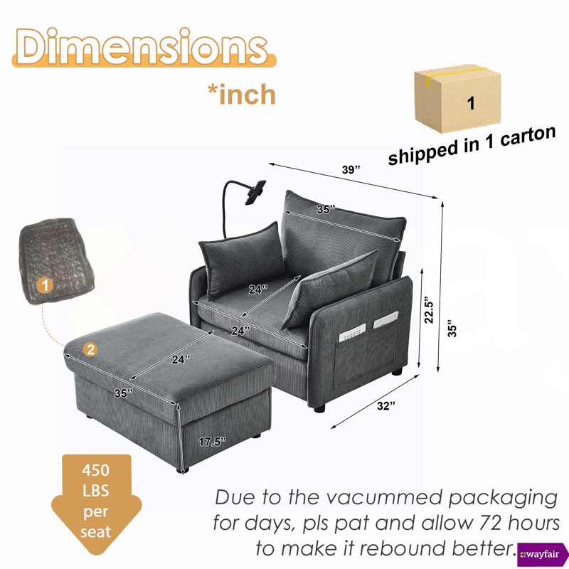 Canapé confortable en velours côtelé avec repose-pieds de 38 po Ayvion, Gris