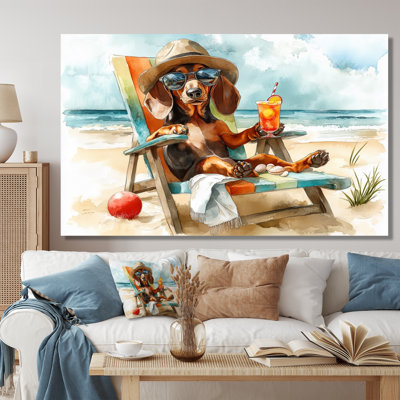 Brown Dachshund Dog On The Beach Lounging II - Coastal Animal Wall Decor