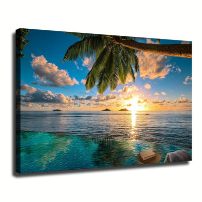 «Tropical Island Sunset View From Infinity Pool with Palm Tree, Large Gallery», reproduction d'art sur toile tendue pour salon