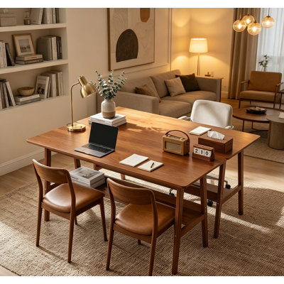 63" Simple Modern Extra Long 2 Person Computer Workstation, Mid Century Long Desk Table with Storage Shelves for Home Office Use in Walnut