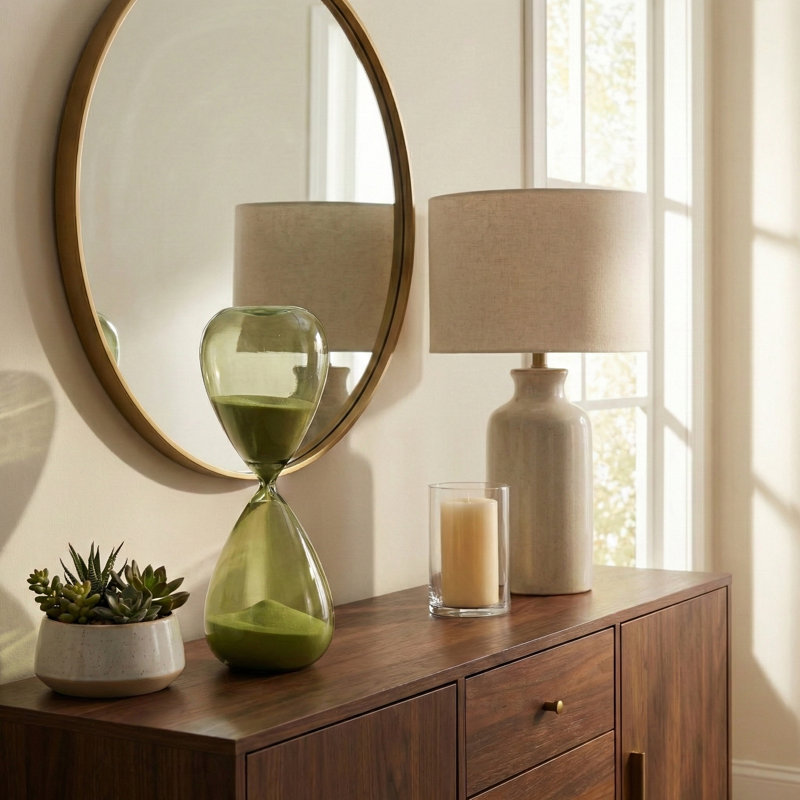 Decorative Glam Glass Hourglass Sculpture for Office Decor - Modern Object Accent for Bedroom Styling, Living Room Tabletop or Home Decoration - Green