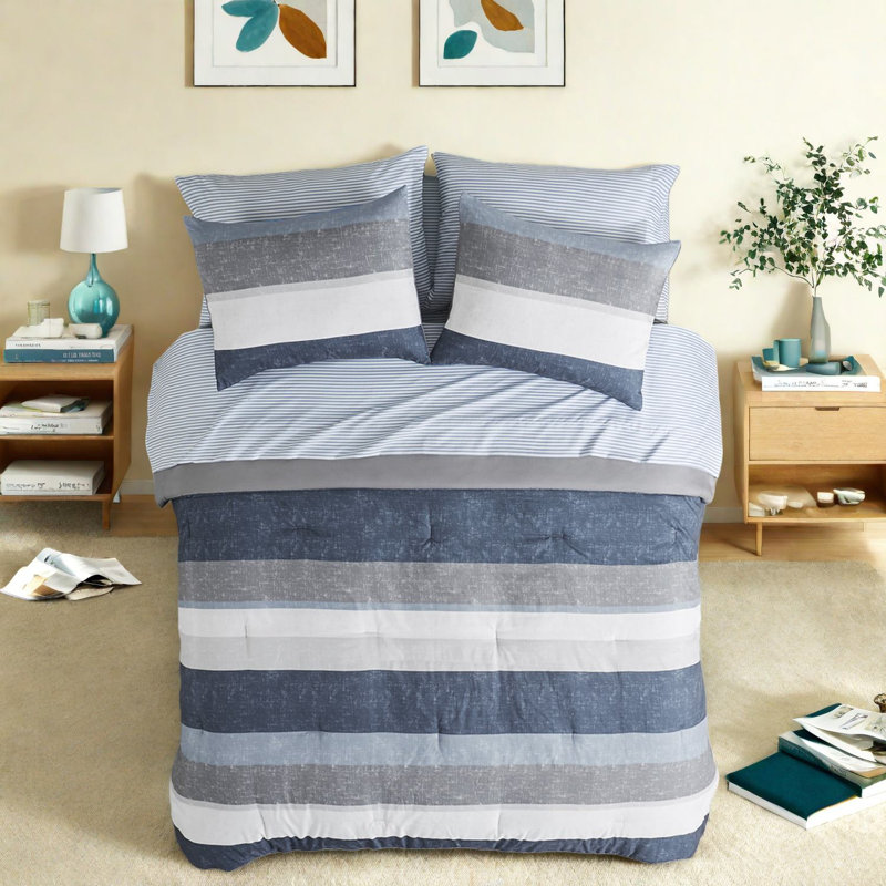 Modern Queen Bedding Sets, Polyester Material, Blue/grey Stripe Design, Comfortable For Home Use
