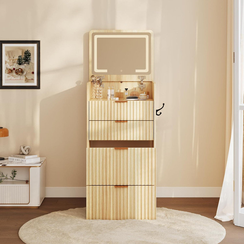 Meuble-lavabo compact 3 en 1 avec miroir et lumières à rabat, 3 tiroirs et tabouret à roulettes, table de maquillage moderne pour la chambre à coucher
