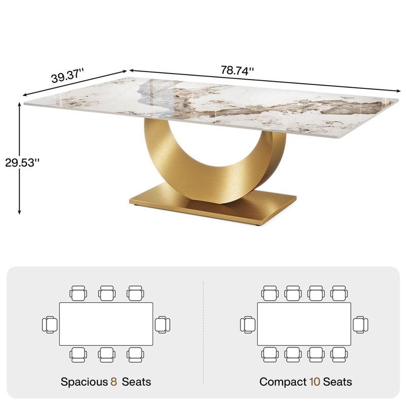 Table de salle à manger 78,7 po avec plateau en pierre frittée et base en acier inoxydable