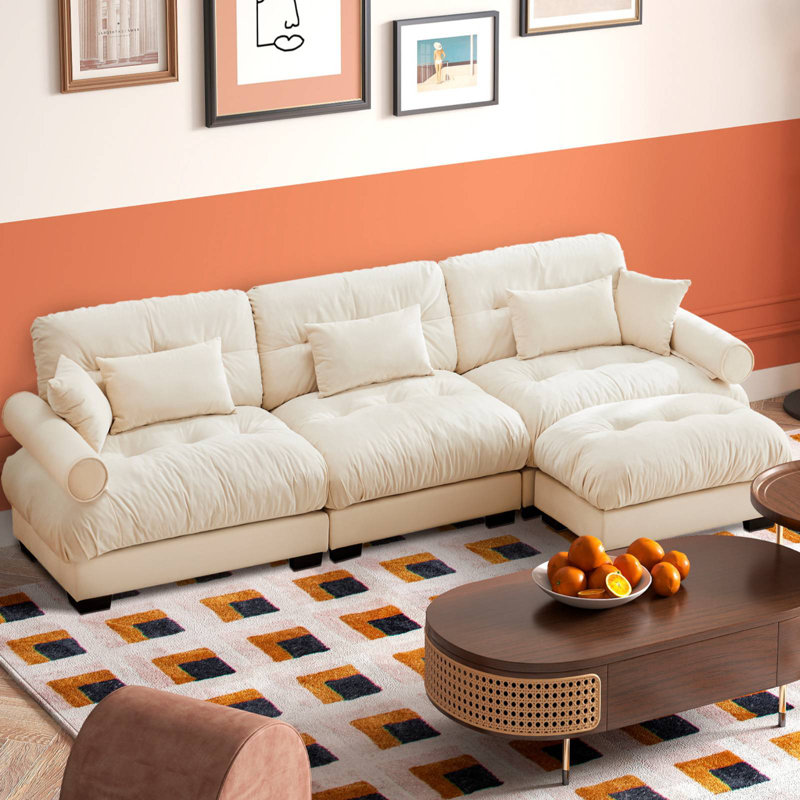 Canapé modulaire en velours de 130 po en L avec repose-pieds, Velours crème