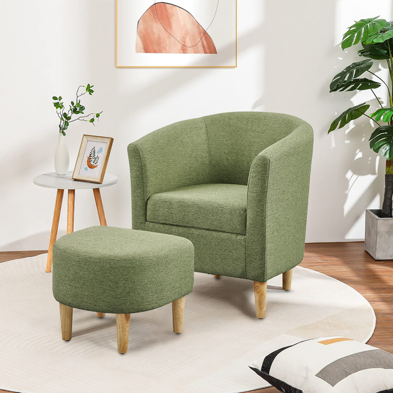 Upholstered 27" Wide Barrel Chair with Ottoman, Green Linen Blend