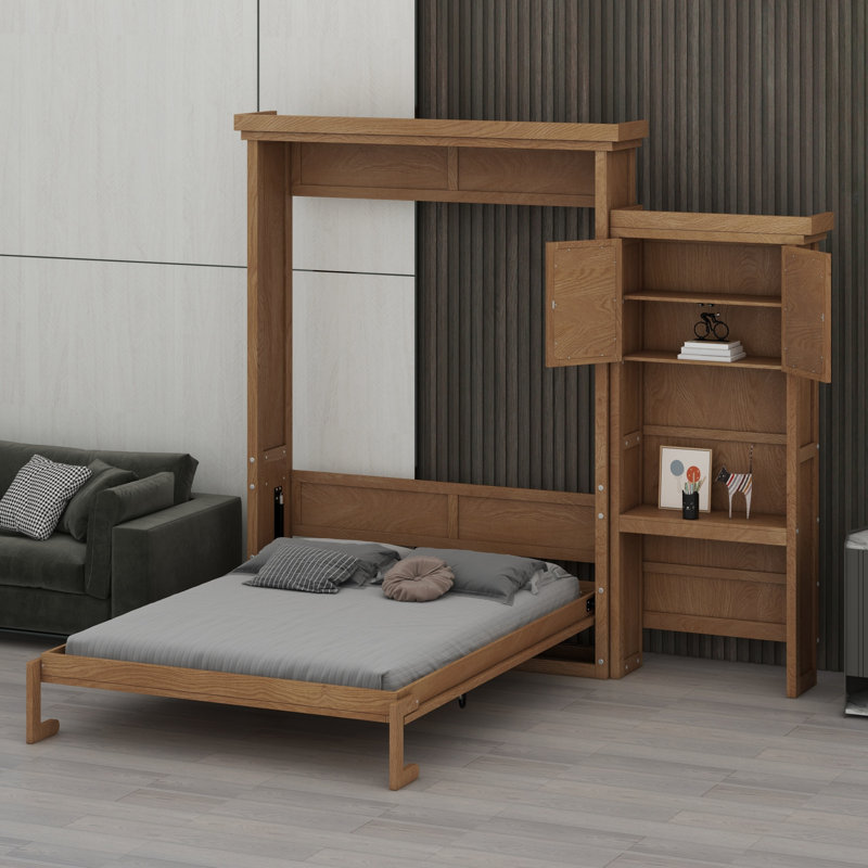 Lit escamotable avec plusieurs tablettes de rangement et décoration à persiennes, Bois