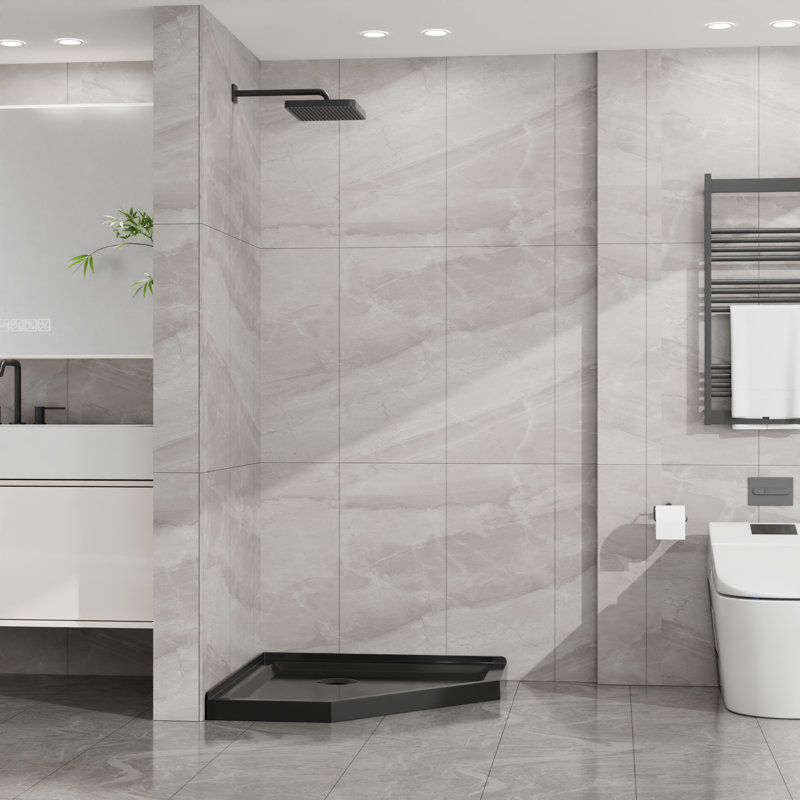 Base de douche néo-angle 36 po x 36 po, bac de douche en coin en acrylique avec bonde centrale, profil bas noir mat 3,4 po, sans bonde incluse