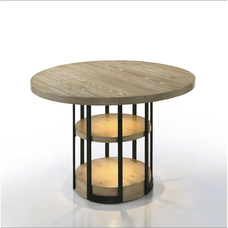 Table de salle à manger ronde en chêne rustique avec lumière DEL 59 po Eden, structure en métal noir
