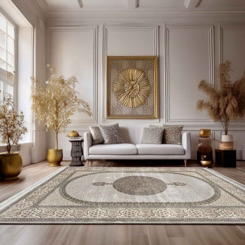 Minyatur L Vizon White Medallion Area Rug – Low-Pile 100% Viscose Woven Carpet, Neutral Traditional Style