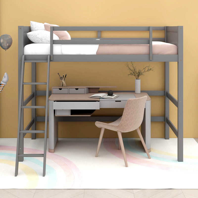 Lit mezzanine simple en bois massif avec échelle, Gris