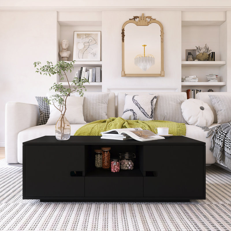 Modern High Glossy Rectangle Coffee Table, Stylish Center Table With Storage Space, Black