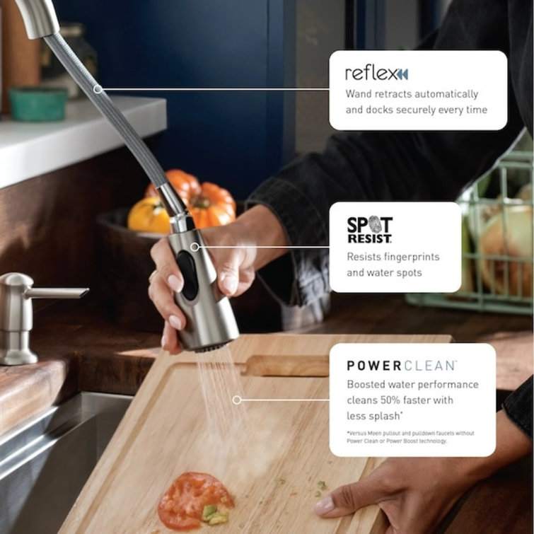 Moen Essie Pre-Rinse Spring Pull Down Single Handle Kitchen Faucet with Power Clean Technology and Soap Dispenser