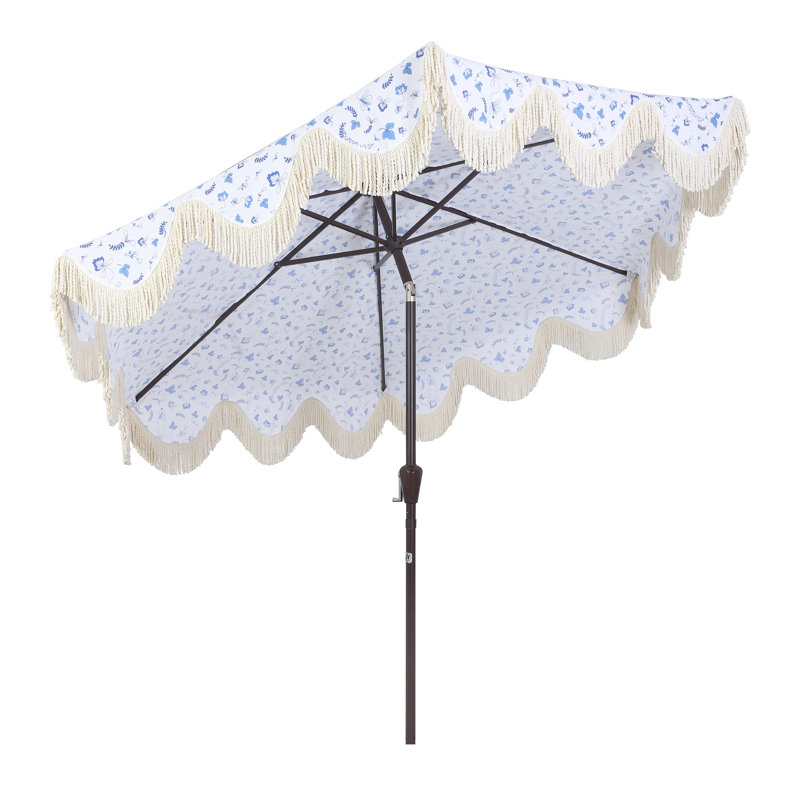 Collins 9 ft. Bohemian Fringe Outdoor Patio Umbrella with Crank Lift and Tilt, Blue/White/Cream Scalloped UV-Resistant Canopy, Dark Brown Pole