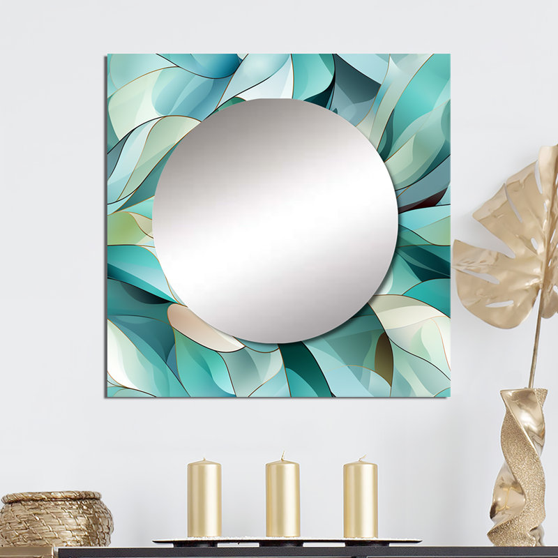 Motif côtier vert clair en verre de mer I - grand miroir carré moderne pour décoration murale, 36 po x 36 po