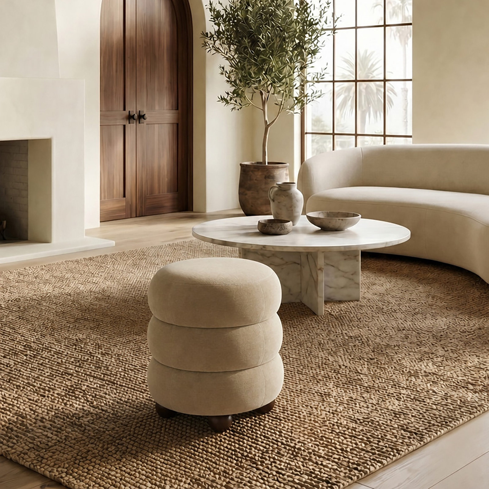 Vincente 17" Ottoman, Light Brown Velvet, Walnut
