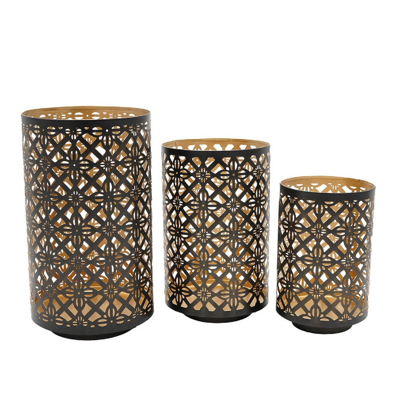Set of 3 Black and Gold Metal Pierced Candle Lanterns