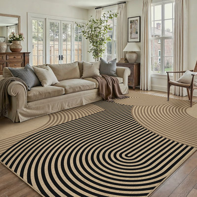 Geometric Striped Jute Area Rug in Black/Brown