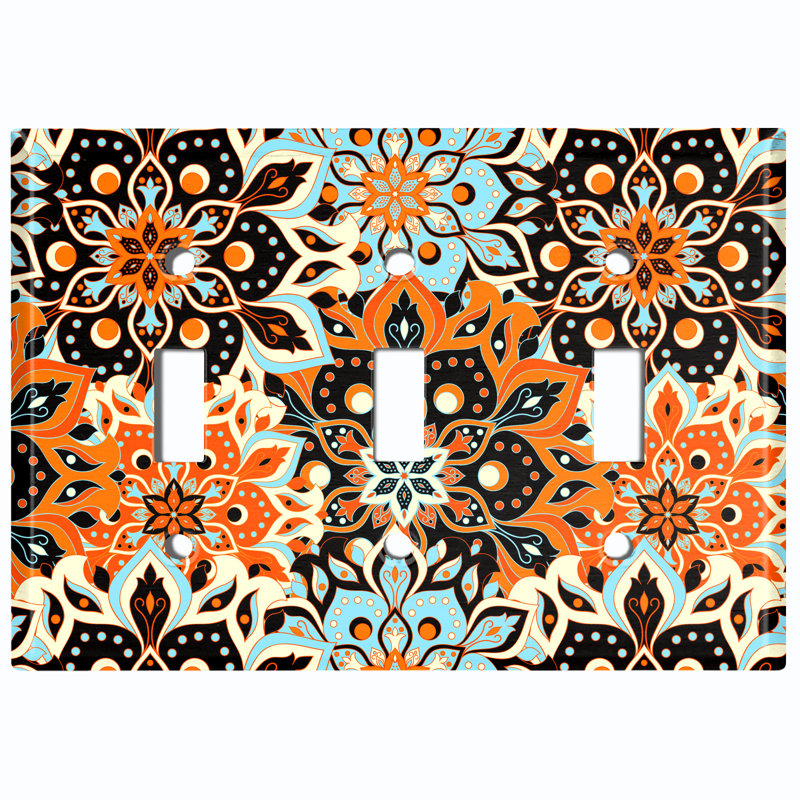 Teal Orange Mandala Flowers Tile Patterned 3 - Gang Toggle Light Switch Standard Wall Plate