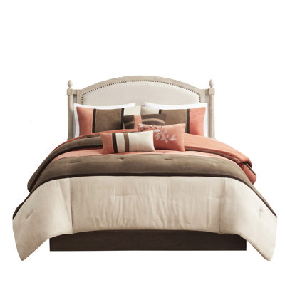 7 Piece Comforter - Coral King Faux Suede Decorative Pieced Design