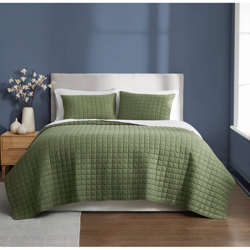 Brooklyn Loom Essential Cotton Quilt Set, Green, Twin Extra Long Quilt  + 1 Sham