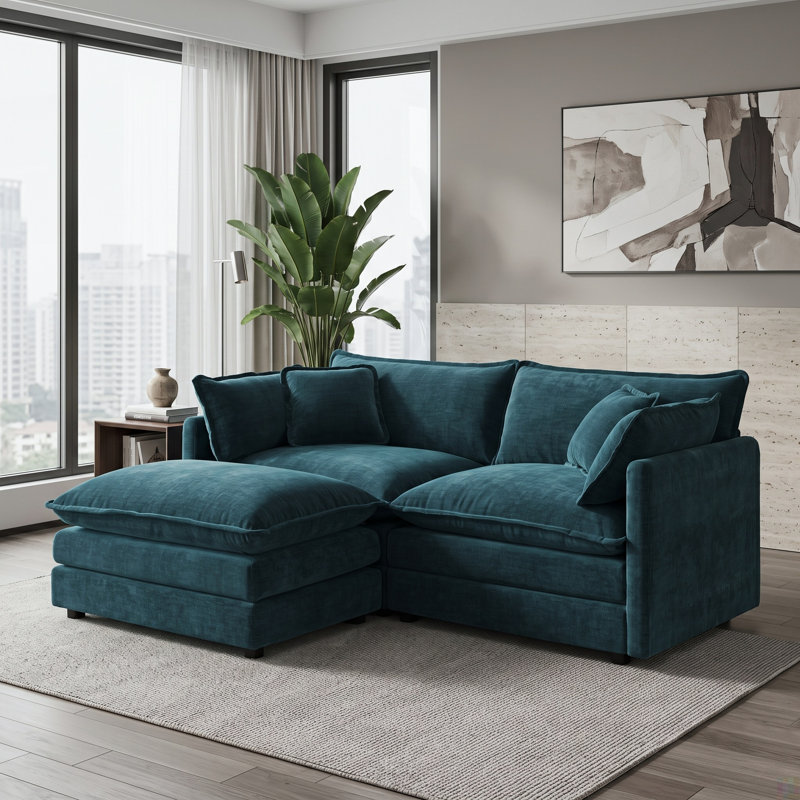 Causeuse 2 places avec repose-pieds mobile et salon en L compact, bleu foncé