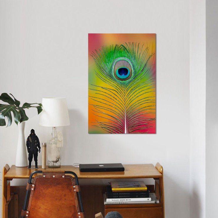 « single masculin peacock tail plumes », impression sur toile, H 12 po x l 8 po x P 0,75 po, Toile tendue, Pas de tapis
