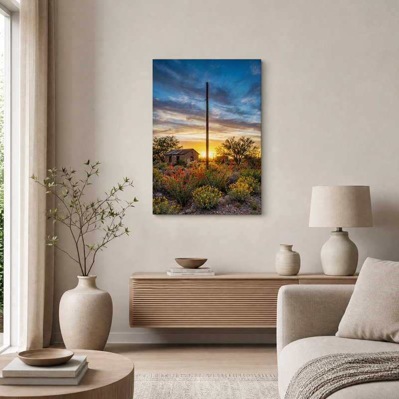 «Rustic Adobe House and Red Wildflowers at Sunset», art mural sur toile, H 30 po x l 20 po