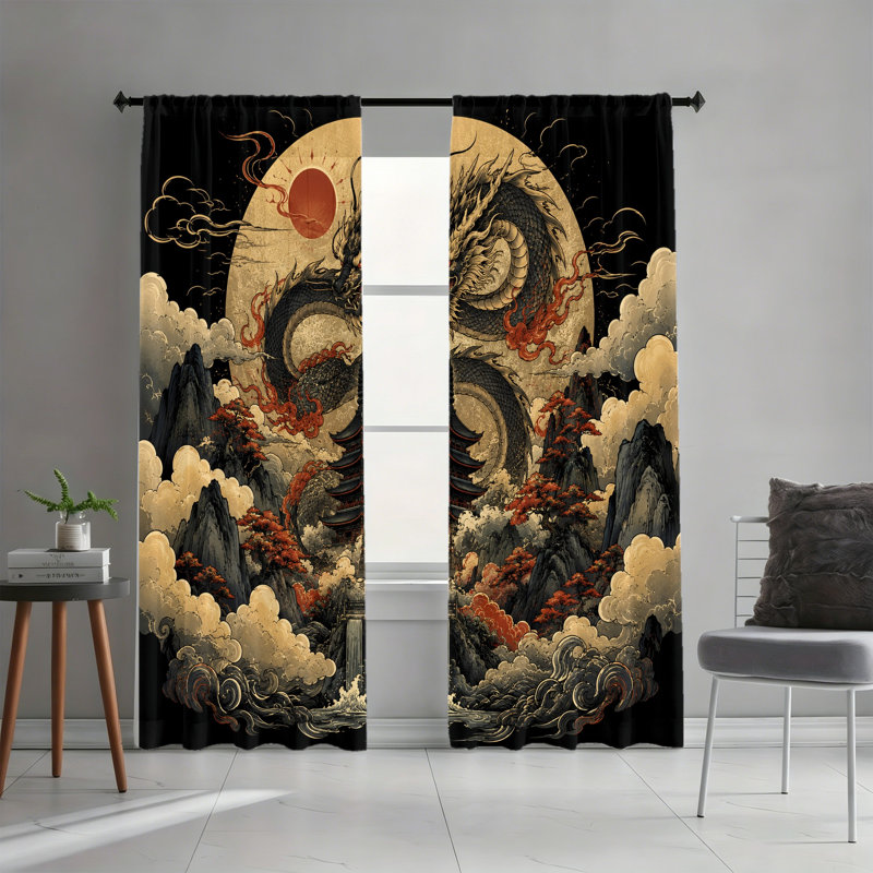 2 PCS de rideaux filtrant la lumière de la pagode traditionnelle asiatique Dragon Cloud Cloud, L 52 po x H 63 po x 2 pièces