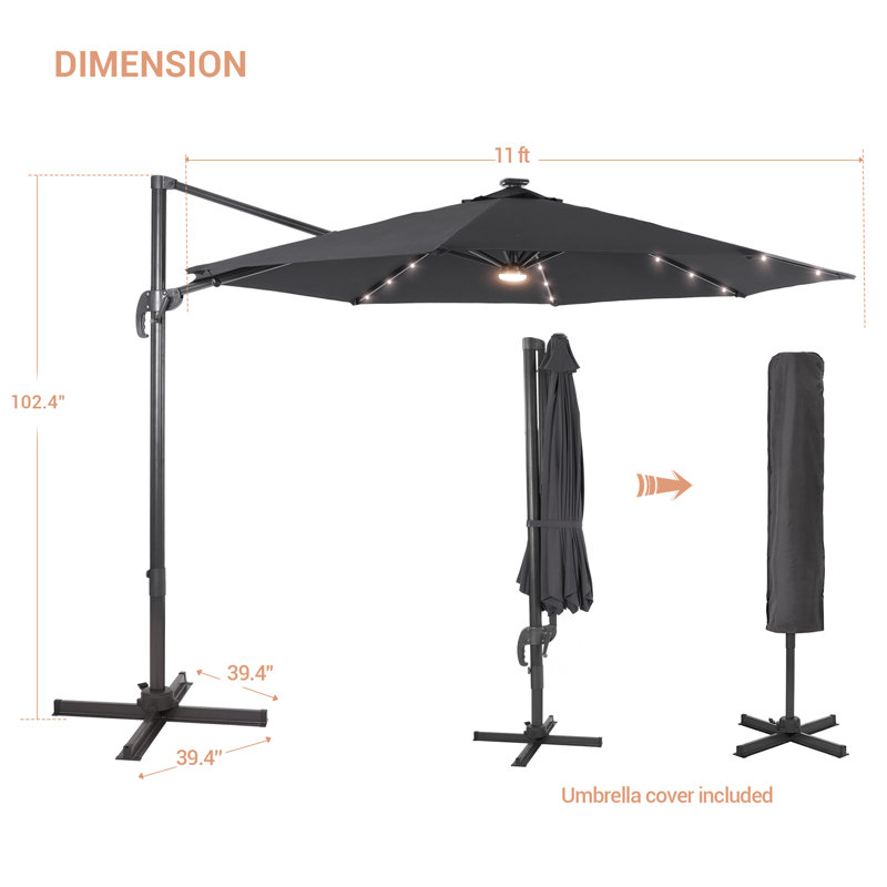 Parasol lumineux en porte-à-faux 11 pi Luna, Gris foncé