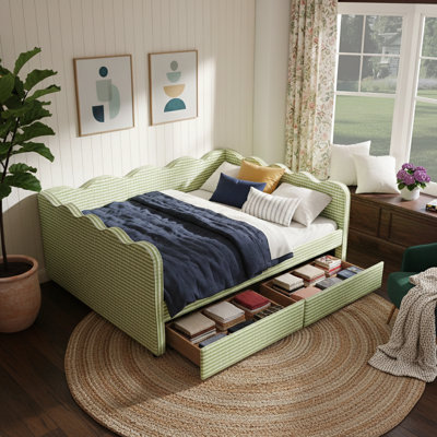 Grand lit de jour en vichy confortable avec deux tiroirs de rangement, port USB et adorable tissu en forme de vague