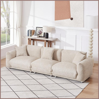 Canapé Sherpa en laine d'agneau Mid-Century 4 places - Structure en bois massif de 279 cm de large avec un design modulaire pour le salon