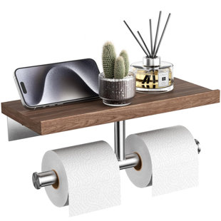 Country Style Double-Layer Toilet Paper Holder, Walnut Wood Shelves, Walnut Wood Color.