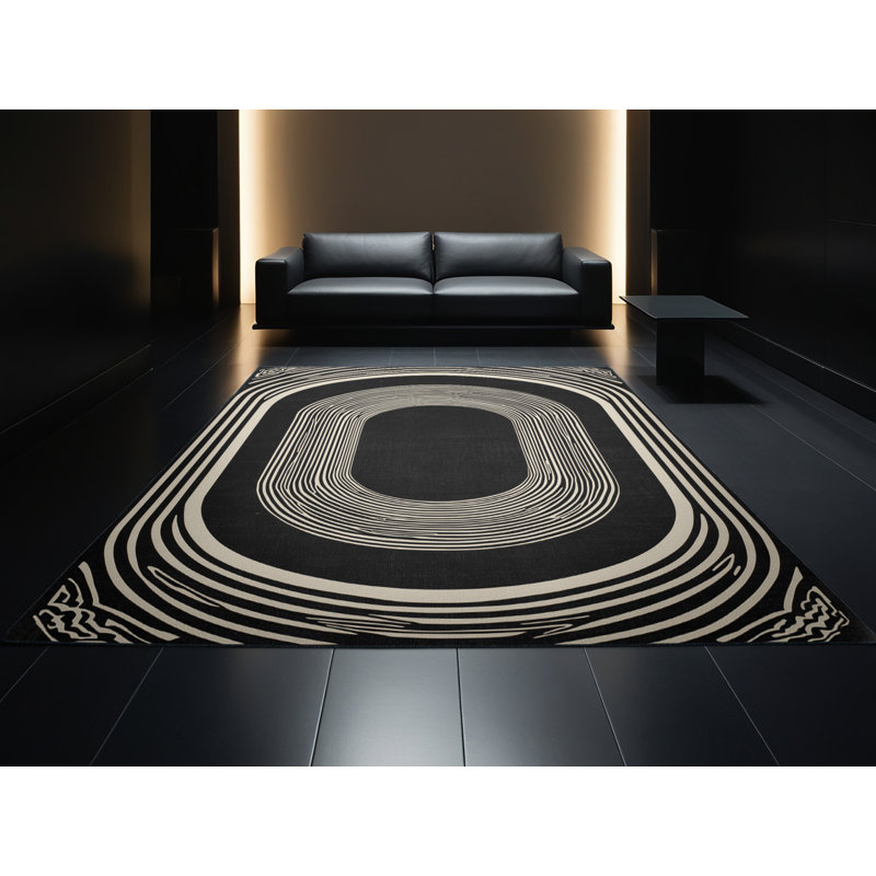 Machine Washable Hubbard Snowboard Halfpipe Bold & Eclectic Modern Arc Rug in Black – Black Binding, 4x6