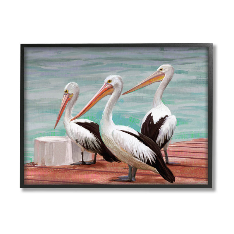 Pelican Trio Port Dock, estampe numérique par Ziwei Li, H 11 po x l 14 po x P 1,5 po, Giclée encadrée noir minuit